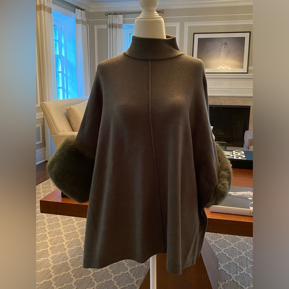 Saks Fifth Avenue Mock Neck Fur Trimmed Poncho